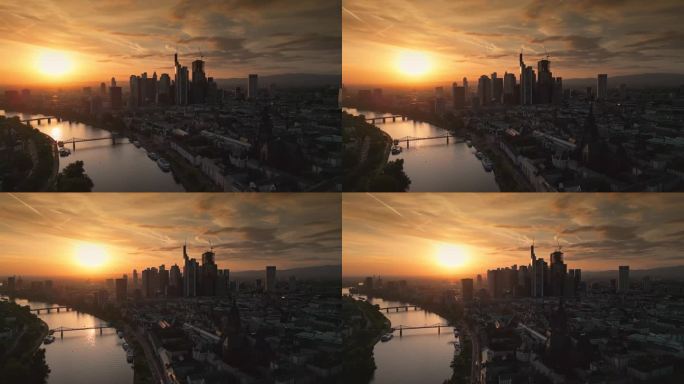 4K鸟瞰图实时拍摄的法兰克福美因天际线，尽管美因河，现代金融大楼和摩天大楼，德国大桥和欧洲中央银行，