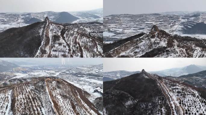 航拍青海西宁大通明长城雪景烽火台