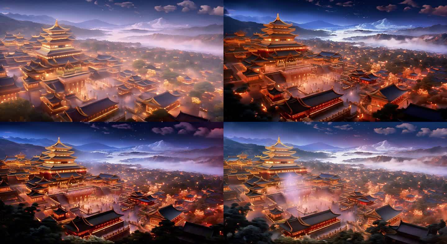 古代中国城市建筑楼宇繁华街道场景大屏2