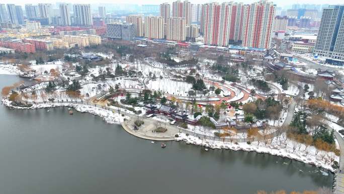 济宁南池公园景区雪景城市宣传片航拍