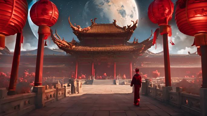 中国式国潮圆月下的中式建筑背景