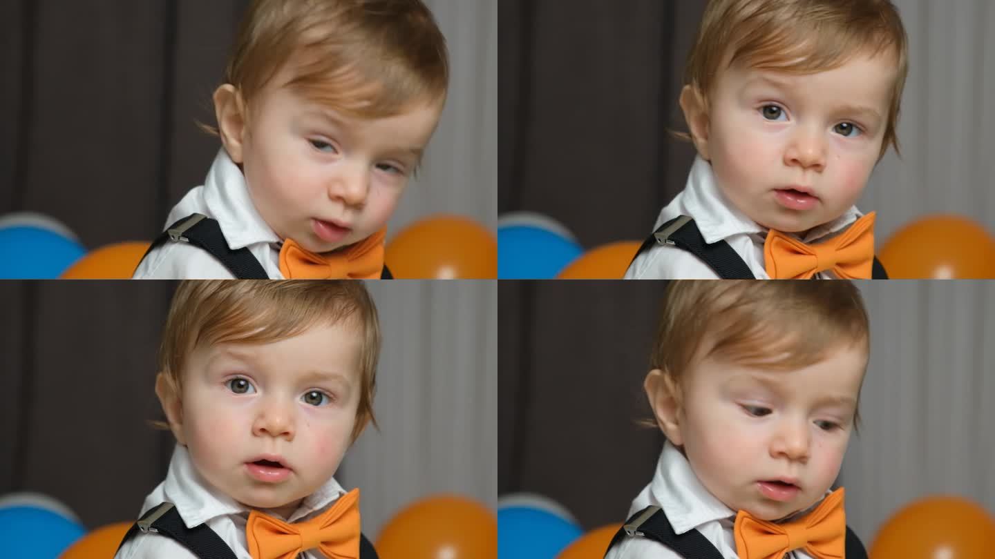 11个月大的快乐红发宝宝，真情流露，特写肖像。