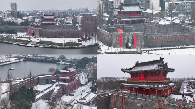 荆州古城东门景区寅宾门宾阳楼雪景航拍