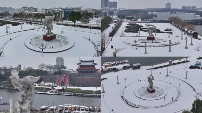 荆州古城金凤广场金凤凰地标雪景航拍