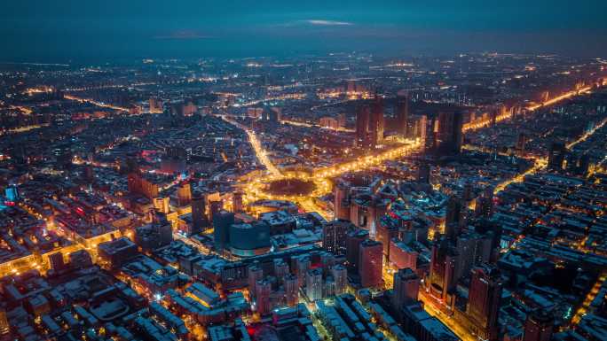 吉林长春朝阳区人民广场夜景航拍城市夜景