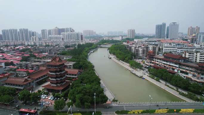 河北沧州城市沿河风光带航拍