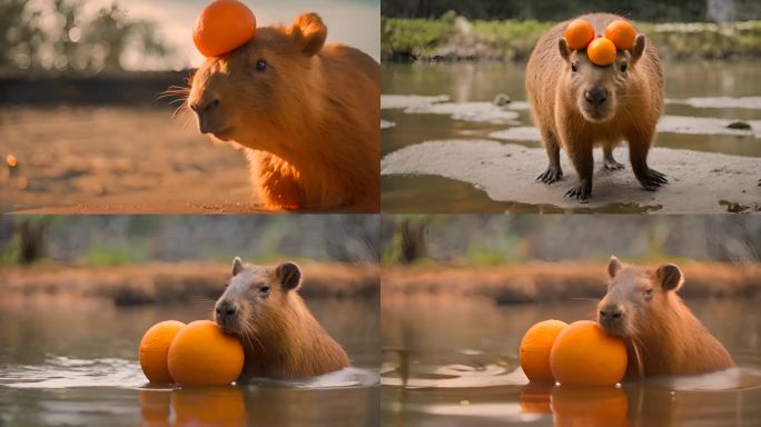 可爱搞笑卡皮巴拉水豚顶橘子桔子多镜头