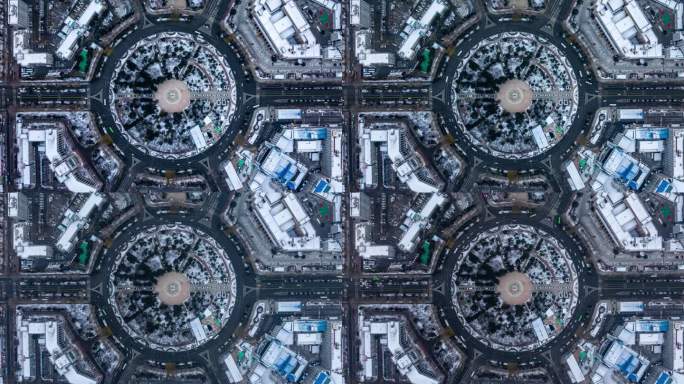 吉林长春朝阳区人民广场冬季雪景俯视航拍