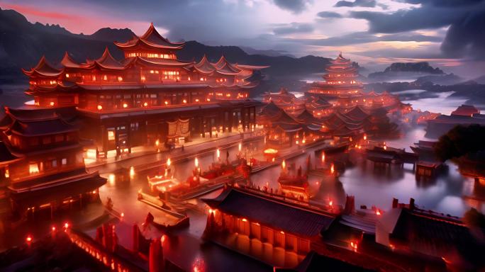 传统中国古风建筑盛世夜景楼群场景大屏2