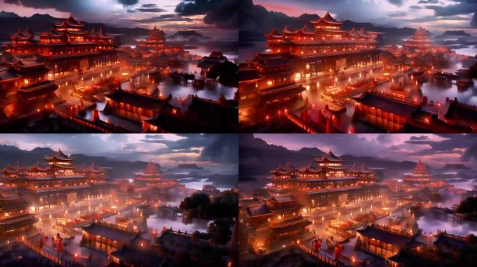传统中国古风建筑盛世夜景楼群场景大屏2