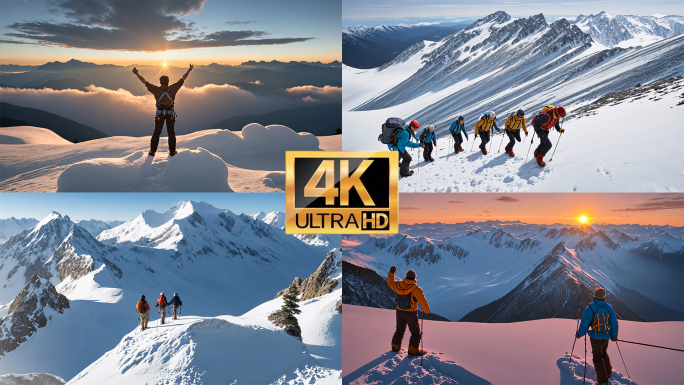 【4K】登山者成功登顶雪山日出励志 登山