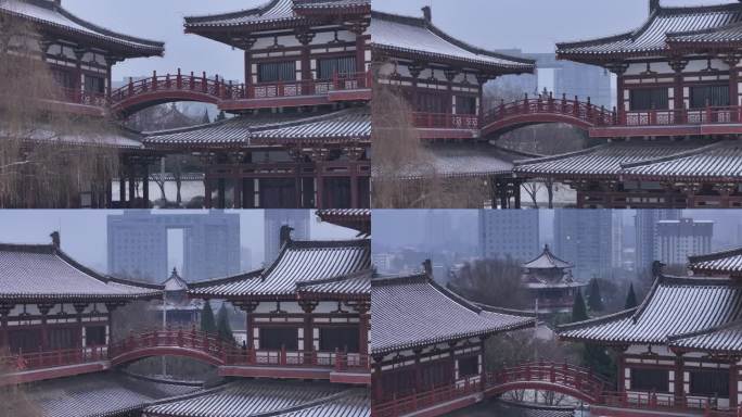 西安地标青龙寺古建筑景区文旅宣传雪景航拍