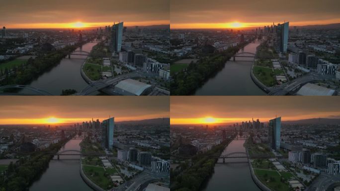 4K鸟瞰图实时拍摄的法兰克福美因天际线，虽然美因河和现代金融大楼和摩天大楼与德国大桥和欧洲中央银行在