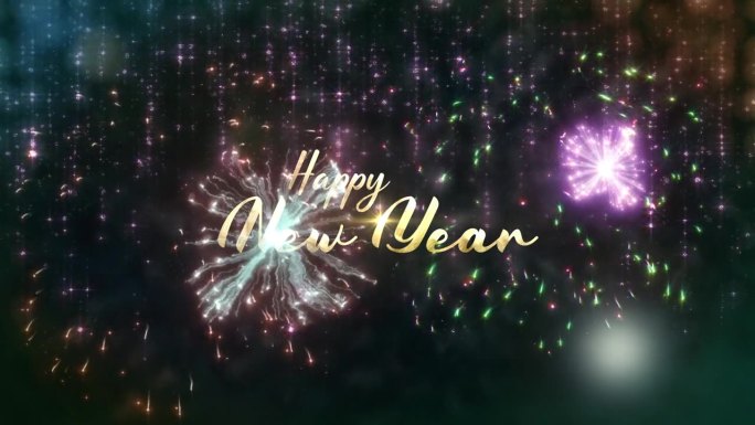 新年快乐金色文字与下降辉光雪花和耀光烟花电影标题背景。新年快乐2024冬光。节日背景概念。