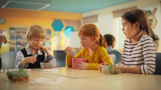 在一所国际小学里，一群可爱的不同的孩子们在吃健康的素食午餐。小孩子享受他们的时间，在吃东西的时候进行