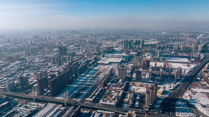 吉林长春站火车高铁站航拍城市地标风景