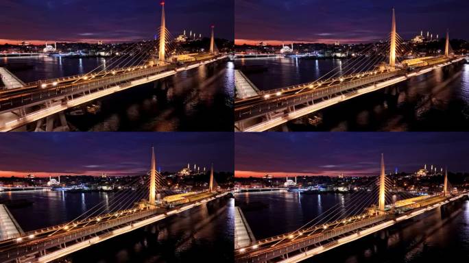 空中架桥时代:金角地铁大桥发光，夜晚拥抱的<s:1> leymaniye清真寺# metrobrid