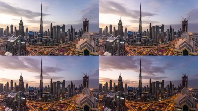 时间流逝迪拜哈利法塔的天际线在戏剧性的日落鸟瞰图，阿拉伯联合酋长国