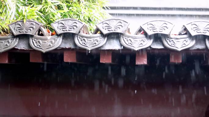 （慢镜头）杭州 古风 下雨天 亭子 屋檐