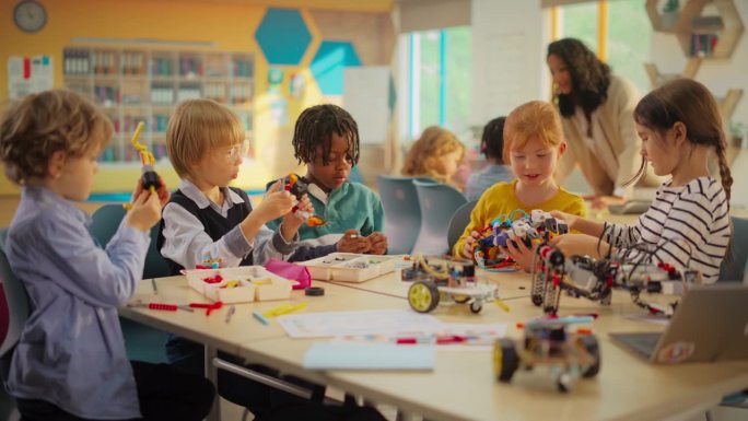 一群小学生坐在桌子后面，为科技博览会制作机器人手项目。年轻的男孩和女孩希望成为机器人工程师