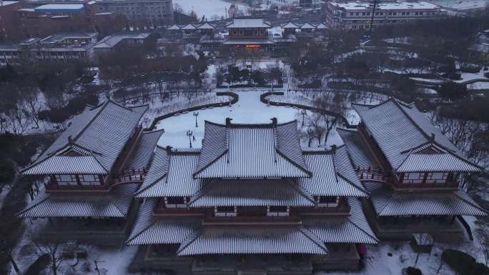 西安地标青龙寺古建筑景区文旅宣传雪景航拍