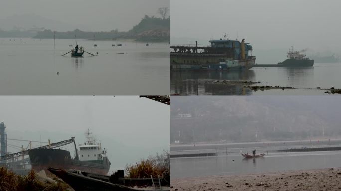 大雾天海边港口船只航行渔民划船劳作