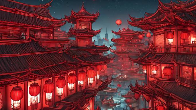 中式建筑上的红色灯笼过年气氛