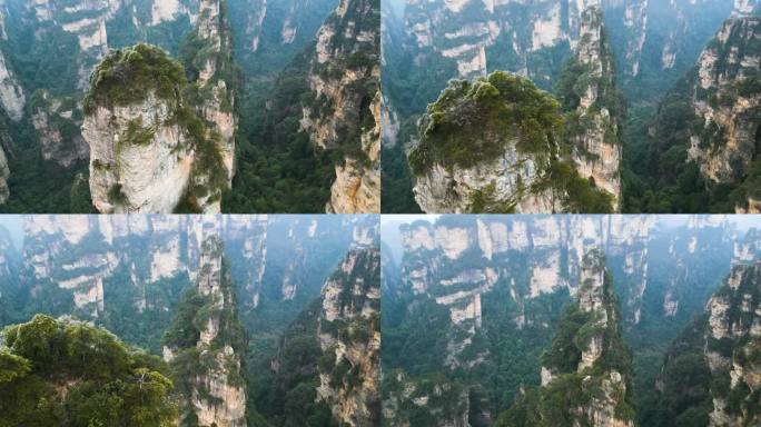 在中国湖南武陵源张家界国家公园的山顶附近，空中飞行，以著名的喀斯特山脉-阿凡达哈利路亚山为特色。