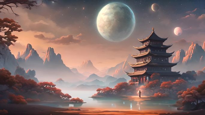 中国式国潮圆月下的中式建筑背景