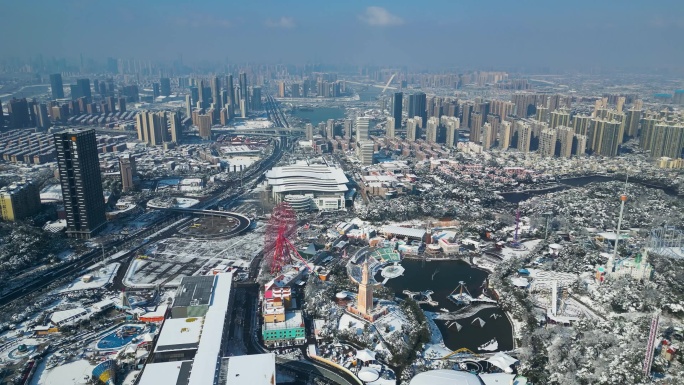 4K长沙雪景长沙世界之窗雪景航拍