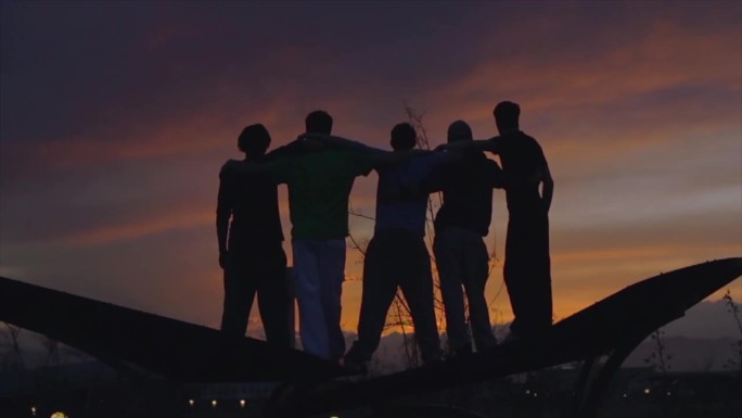 夕阳西下，五个人肩并肩站在田野里的剪影