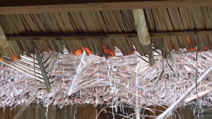 在热带岛屿目的地遭遇暴雨的恶劣天气期间，从传统小屋的茅草屋顶上流下的水