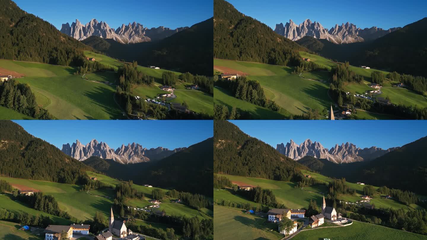 圣马格达莱纳或圣马格达莱纳村的4K鸟瞰图实时镜头，这是意大利雄伟的Gruppo delle Odle