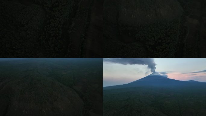 空中倾斜拍摄显示冒烟的波波卡特佩特尔火山，充满活力的黄昏在墨西哥