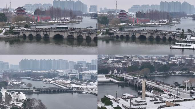 荆州古城护城河城市雪景航拍