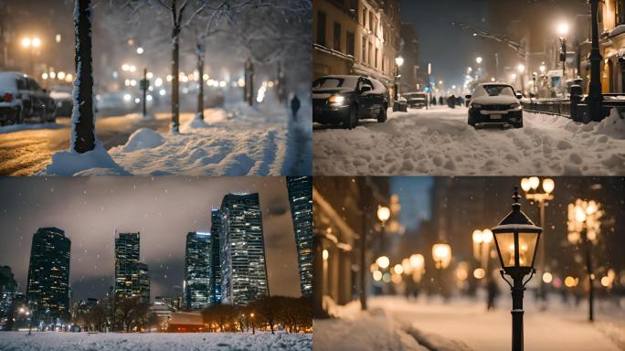 城市夜晚雪景