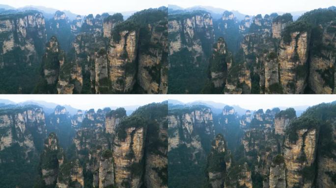 鸟瞰图拍摄了中国湖南武陵源张家界国家公园，以著名的喀斯特山脉——阿凡达哈利路亚山为特色，映衬着雾蒙蒙