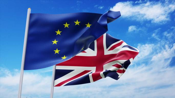 欧盟旗与英国国旗空中飘扬