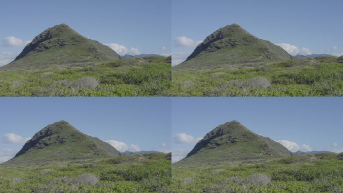 静止拍摄的夏威夷瓦胡岛一座尖尖的火山，前景是郁郁葱葱的田野，后面是蓝色的天空