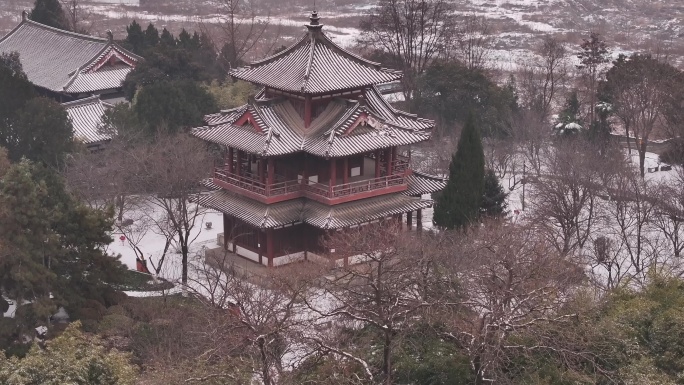 西安地标青龙寺古建筑景区文旅宣传雪景航拍