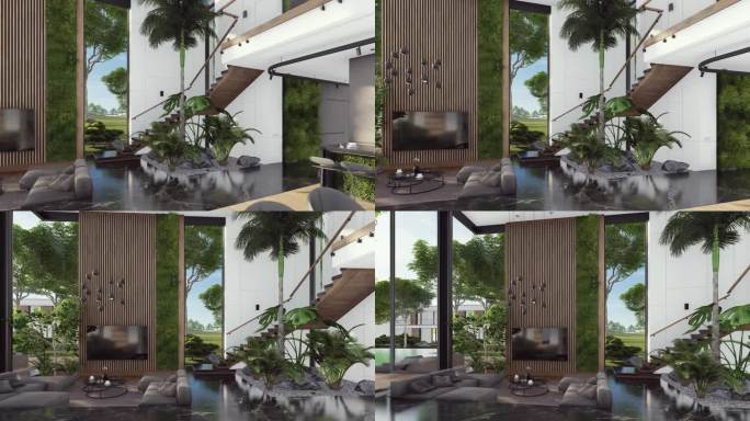 现代舒适室内的4K视频，白天有起居室，用餐区，楼梯和厨房