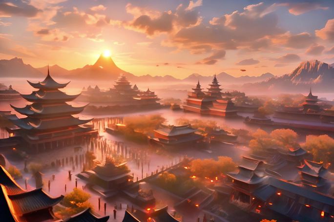古代中国城市建筑楼宇繁华街道场景大屏