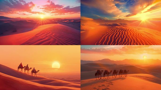 一带一路沙漠日出沙漠风景骆驼