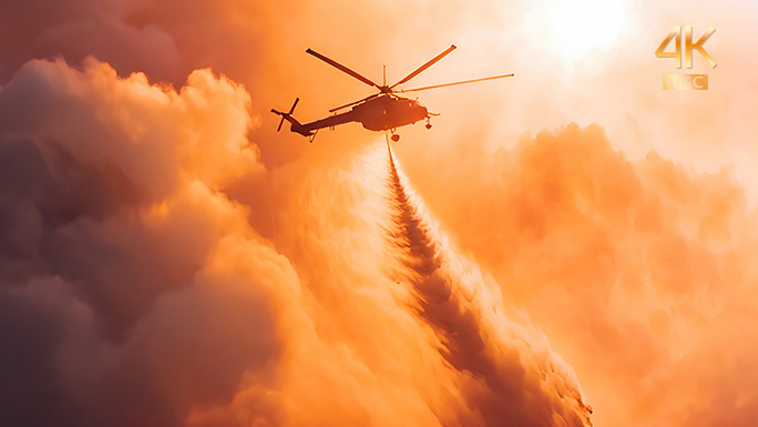 火灾消防现场 直升机灭火 飞机投掷水弹