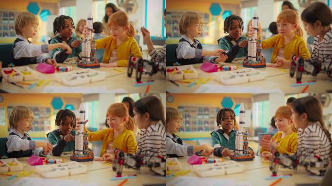 一群小学生坐在桌子后面，为科技博览会制作太空火箭模型。年轻的男孩和女孩希望成为工程师和太空探险家