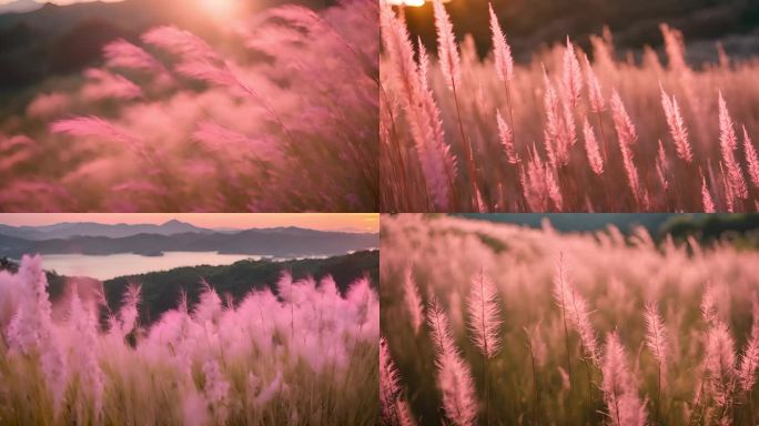 乱子草 夕阳落日 黄昏粉黛花海