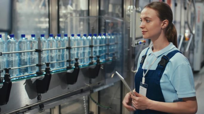 控制瓶装水生产的年轻女工程师画像