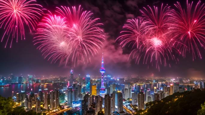 过年烟花绽放汉唐不夜城市区夜晚烟花