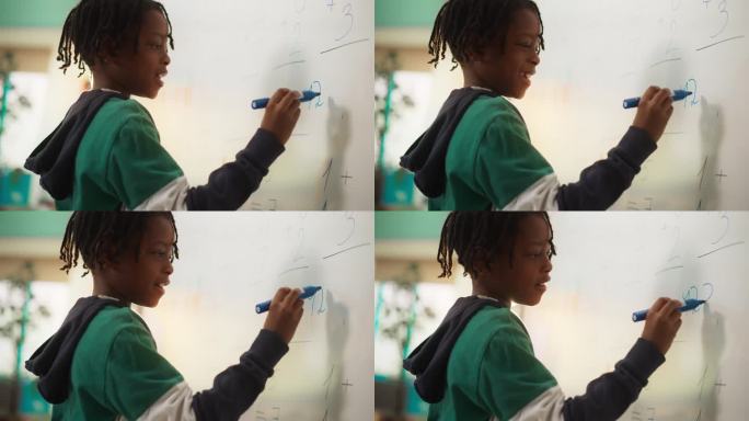 聪明的黑人小男孩在小学全班同学面前解了一道方程。年轻的小学生在黑板上写下答案，乐于为练习提供解决方案