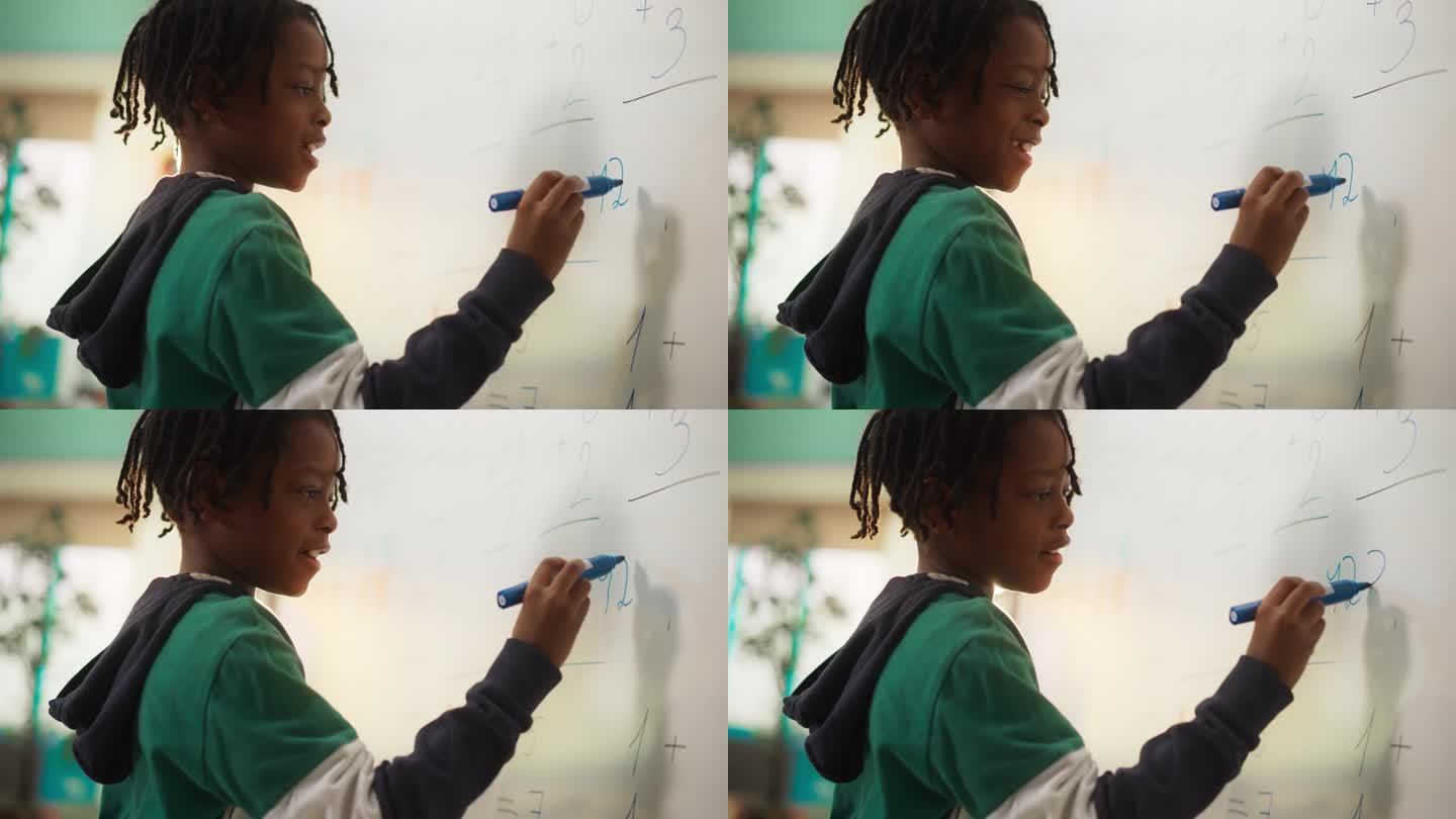 聪明的黑人小男孩在小学全班同学面前解了一道方程。年轻的小学生在黑板上写下答案，乐于为练习提供解决方案